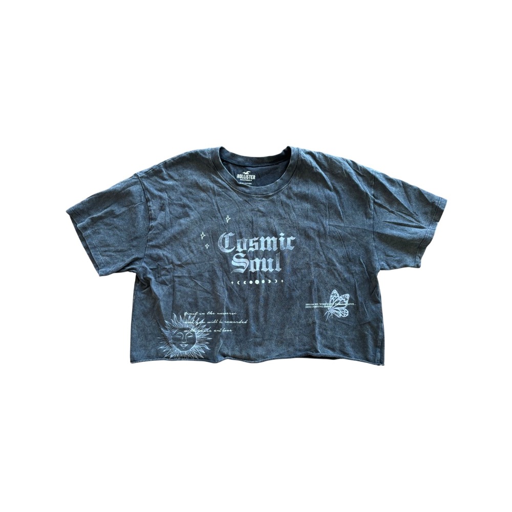 Hollister Cosmic Soul Graphic Crop Top Grey Acid Wash Cotton Tee Large